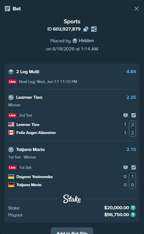 Bet slip: Dayana Yastremska - Tatjana Maria, $20,020.00 stake at 2.15 odds, placed by Hidden