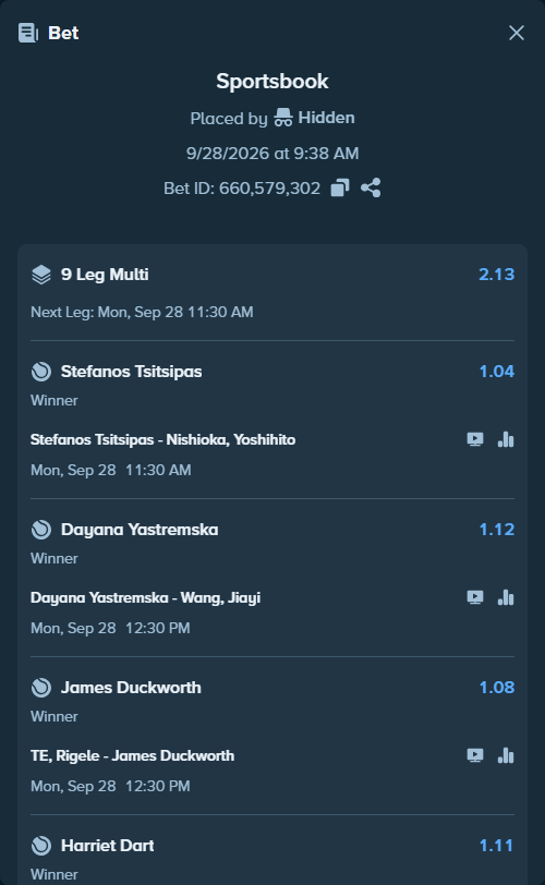 Bet slip: Dayana Yastremska - Wang, Jiayi, $99,523.97 stake at 1.12 odds, placed by Hidden