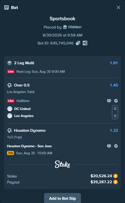 Bet slip: DC United - Los Angeles, $20,500.46 stake at 1.45 odds, placed by Hidden