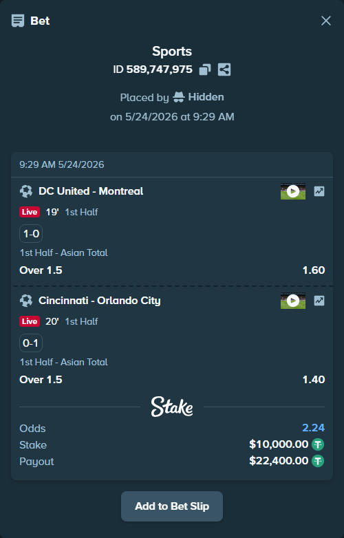 Bet slip: DC United - Montreal, $10,000.00 stake at 1.60 odds, placed by Hidden