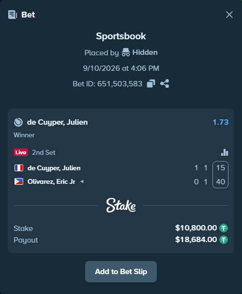 Bet slip: de Cuyper, Julien - Olivarez, Eric Jr, $10,800.00 stake at 1.73 odds, placed by Hidden