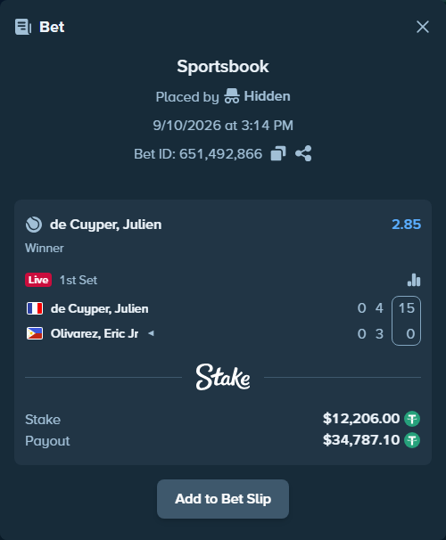 Bet slip: de Cuyper, Julien - Olivarez, Eric Jr, $12,206.00 stake at 2.85 odds, placed by Hidden