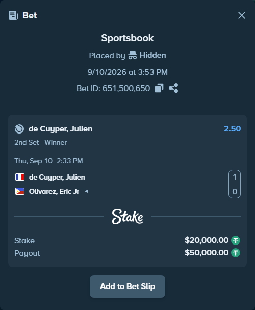 Bet slip: de Cuyper, Julien - Olivarez, Eric Jr, $20,000.00 stake at 2.50 odds, placed by Hidden