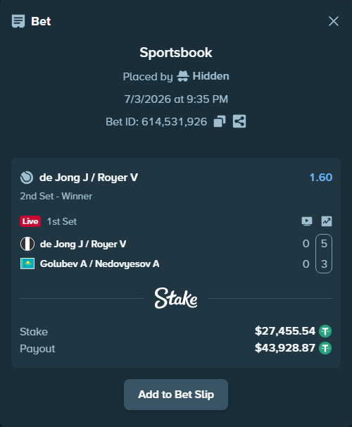 Bet slip: de Jong J / Royer V - Golubev A / Nedovyesov A, $27,483.00 stake at 1.60 odds, placed by Hidden