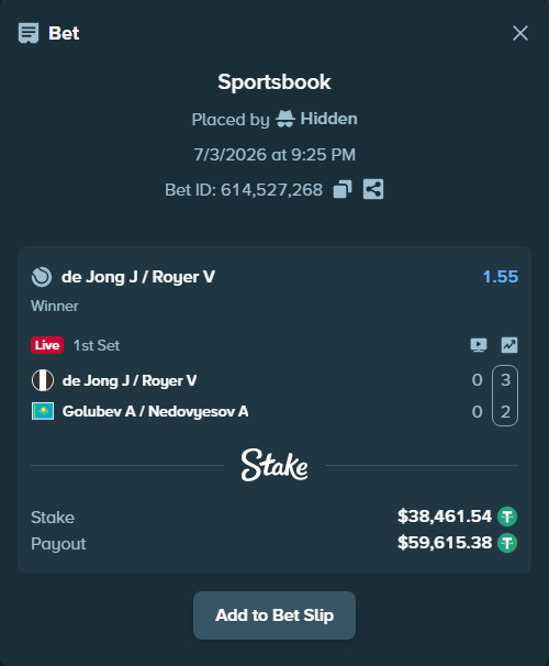 Bet slip: de Jong J / Royer V - Golubev A / Nedovyesov A, $38,500.00 stake at 1.55 odds, placed by Hidden
