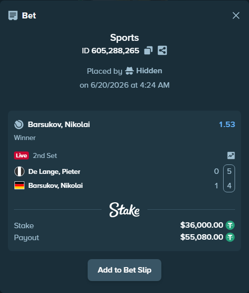 Bet slip: De Lange, Pieter - Barsukov, Nikolai, $36,036.00 stake at 1.53 odds, placed by Hidden