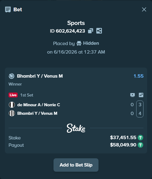 Bet slip: de Minaur A / Norrie C - Bhambri Y / Venus M, $37,489.00 stake at 1.55 odds, placed by Hidden