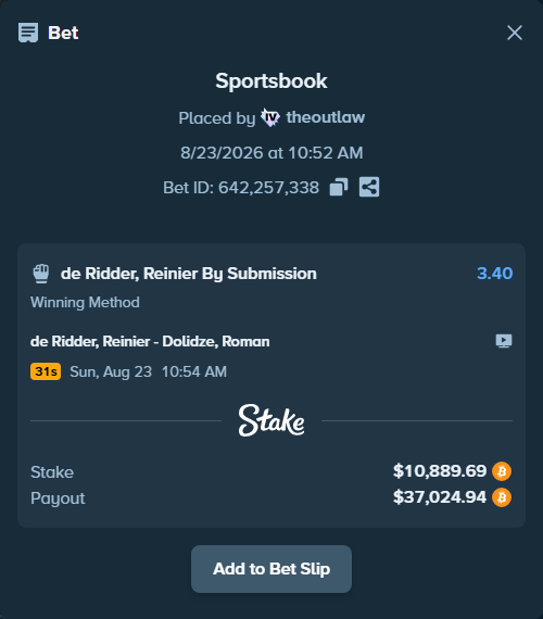 Bet slip: de Ridder, Reinier - Dolidze, Roman, $10,884.03 stake at 3.40 odds, placed by theoutlaw