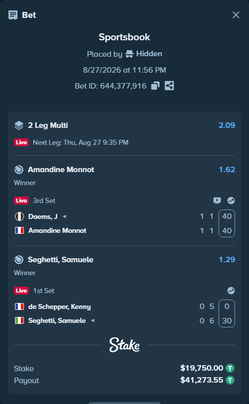 Bet slip: De Schepper, Kenny - Seghetti, Samuele, $19,750.00 stake at 1.29 odds, placed by Hidden