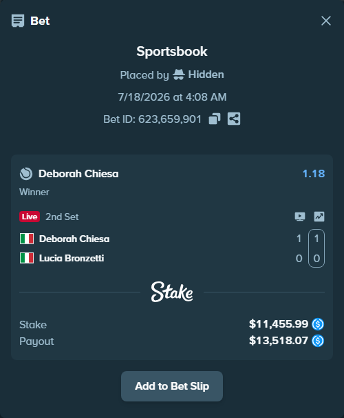 Bet slip: Deborah Chiesa - Lucia Bronzetti, $11,455.99 stake at 1.18 odds, placed by Hidden
