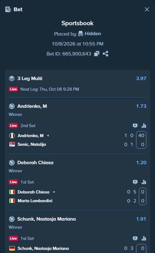 Bet slip: Deborah Chiesa - Marta Lombardini, $10,000.00 stake at 1.20 odds, placed by Hidden