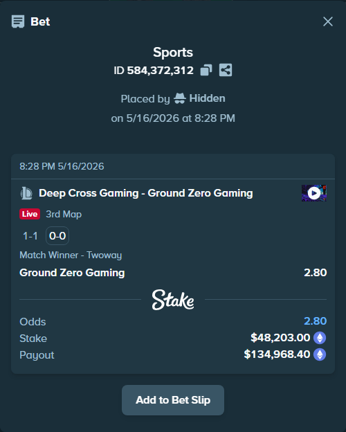 Bet slip: Deep Cross Gaming - Ground Zero Gaming, $38,510.18 stake at 2.80 odds, placed by Hidden