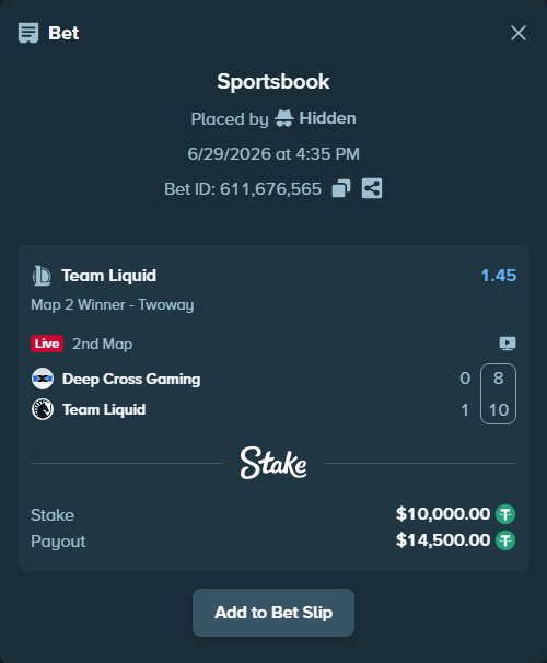 Bet slip: Deep Cross Gaming - Team Liquid, $10,010.00 stake at 1.45 odds, placed by Hidden