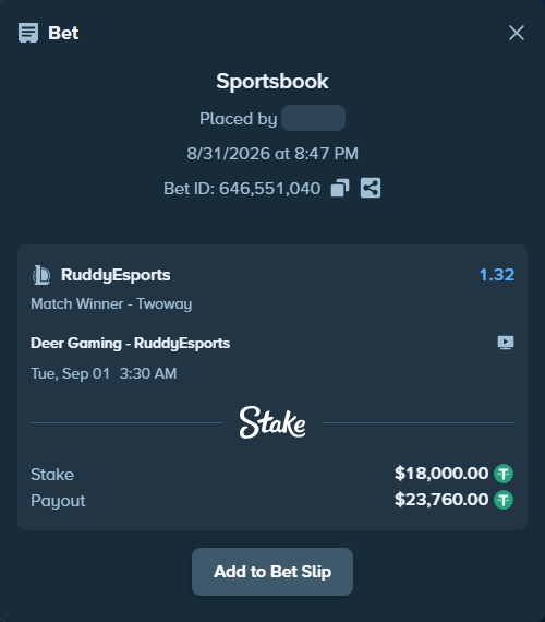 Bet slip: Deer Gaming - RuddyEsports, $18,000.00 stake at 1.32 odds, placed by mi6a1