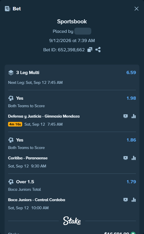 Bet slip: Defensa y Justicia - Gimnasia Mendoza, $16,691.00 stake at 1.98 odds, placed by SH7N28
