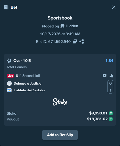 Bet slip: Defensa y Justicia - Instituto Cordoba, $10,000.00 stake at 1.84 odds, placed by Agus1033