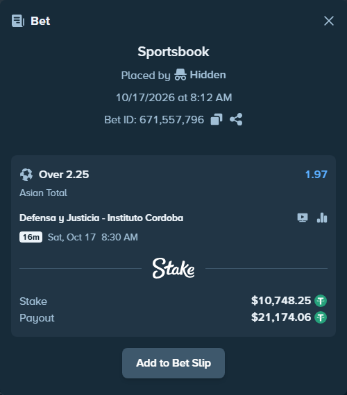 Bet slip: Defensa y Justicia - Instituto Cordoba, $10,759.00 stake at 1.97 odds, placed by Agus1033