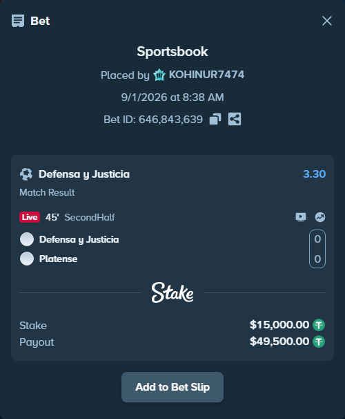 Bet slip: Defensa y Justicia - Platense, $15,000.00 stake at 3.30 odds, placed by KOHINUR7474
