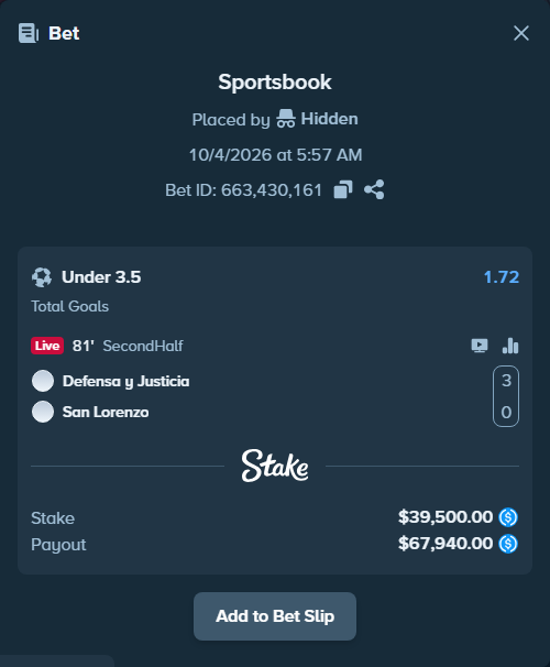 Bet slip: Defensa y Justicia - San Lorenzo, $39,500.00 stake at 1.72 odds, placed by Hidden