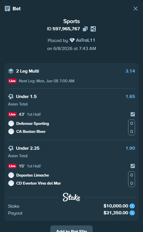 Bet slip: Defensor Sporting - CA Boston River, $10,000.00 stake at 1.65 odds, placed by AsTraL11