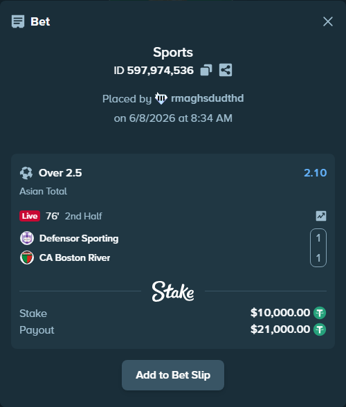 Bet slip: Defensor Sporting - CA Boston River, $10,000.00 stake at 2.10 odds, placed by rmaghsdudthd