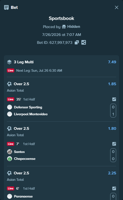 Bet slip: Defensor Sporting - Liverpool Montevideo, $80,000.00 stake at 1.85 odds, placed by Hidden