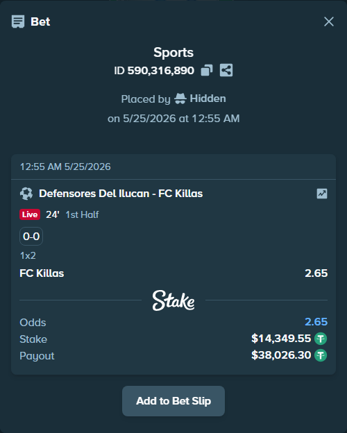 Bet slip: Defensores Del Ilucan - FC Killas, $14,349.55 stake at 2.65 odds, placed by Hidden