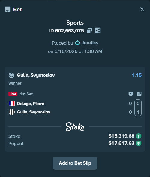 Bet slip: Delage, Pierre - Gulin, Svyatoslav, $15,335.00 stake at 1.15 odds, placed by Jan4iks