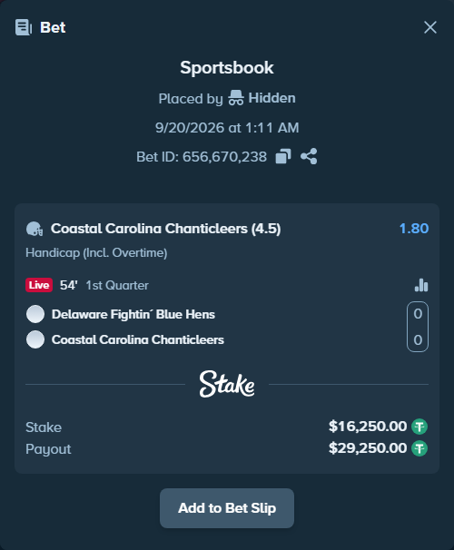 Bet slip: Delaware Blue Hens - Coastal Carolina Chanticleers, $16,250.00 stake at 1.80 odds, placed by Hidden