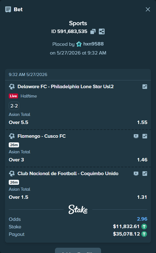 Bet slip: Delaware FC - Philadelphia Lone Star Usl2, $11,844.44 stake at 1.55 odds, placed by hxn9588