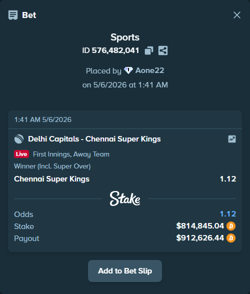 Bet slip: Delhi Capitals - Chennai Super Kings, $642,177.18 stake at 1.12 odds, placed by Aone22