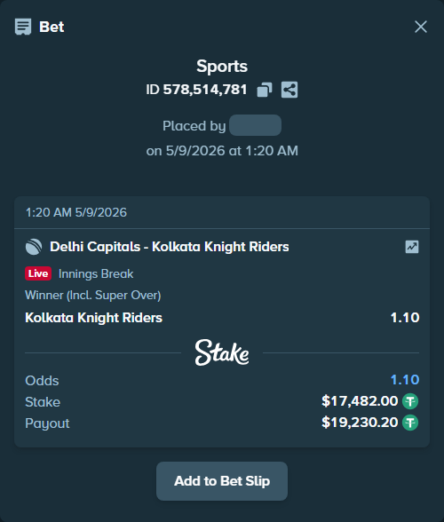 Bet slip: Delhi Capitals - Kolkata Knight Riders, $17,482.00 stake at 1.10 odds, placed by Stake09113