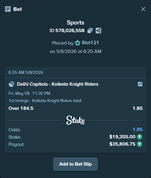 Bet slip: Delhi Capitals - Kolkata Knight Riders, $19,355.00 stake at 1.85 odds, placed by Riot121