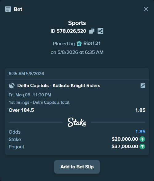 Bet slip: Delhi Capitals - Kolkata Knight Riders, $20,000.00 stake at 1.85 odds, placed by Riot121