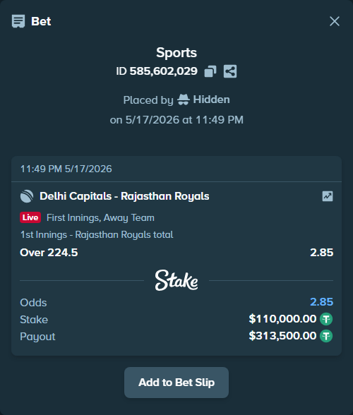 Bet slip: Delhi Capitals - Rajasthan Royals, $110,000.00 stake at 2.85 odds, placed by Hidden