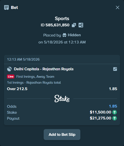Bet slip: Delhi Capitals - Rajasthan Royals, $11,500.00 stake at 1.85 odds, placed by Hidden