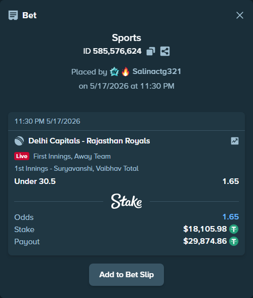 Bet slip: Delhi Capitals - Rajasthan Royals, $18,105.98 stake at 1.65 odds, placed by Salinactg321