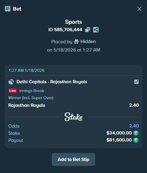 Bet slip: Delhi Capitals - Rajasthan Royals, $34,000.00 stake at 2.40 odds, placed by Hidden