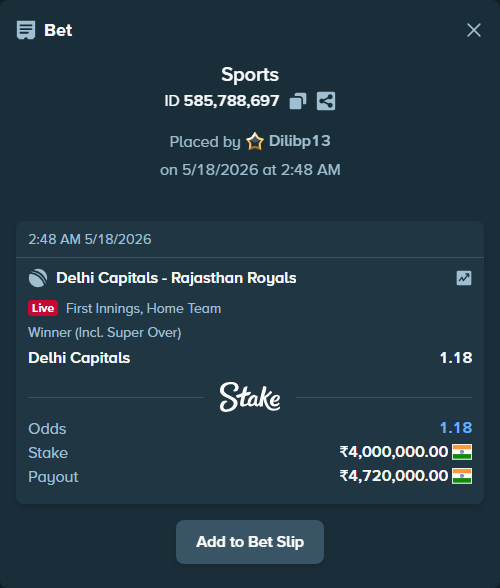 Bet slip: Delhi Capitals - Rajasthan Royals, $48,000.00 stake at 1.18 odds, placed by Dilibp13