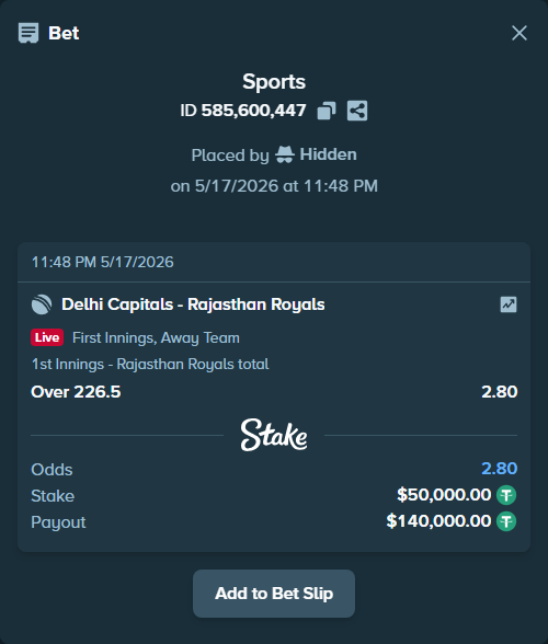 Bet slip: Delhi Capitals - Rajasthan Royals, $50,000.00 stake at 2.80 odds, placed by Hidden