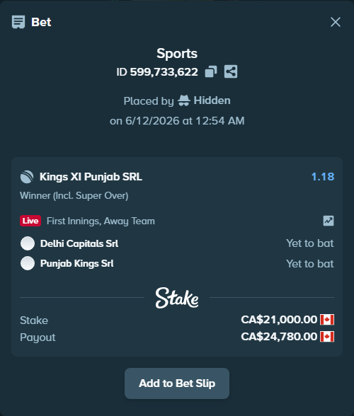 Bet slip: Delhi Capitals SRL - Punjab Kings SRL, $15,540.00 stake at 1.18 odds, placed by Hidden