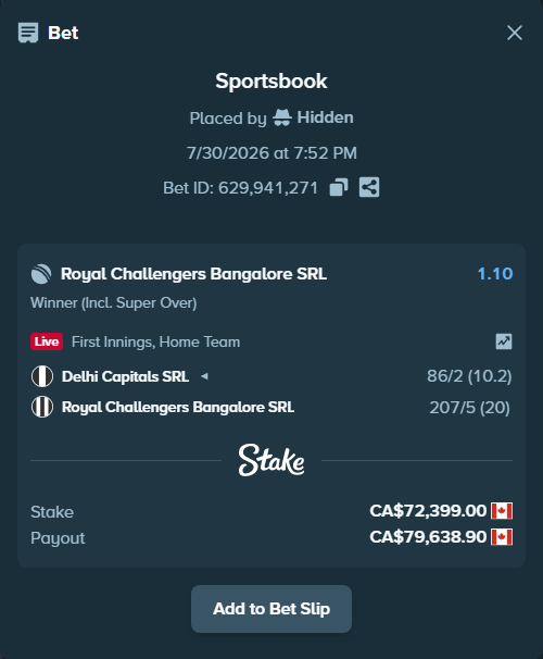Bet slip: Delhi Capitals SRL - Royal Challengers Bangalore SRL, $53,575.26 stake at 1.10 odds, placed by Hidden
