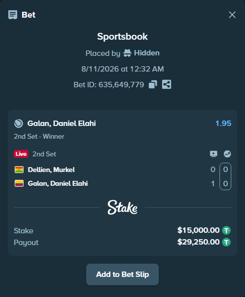 Bet slip: Dellien, Murkel - Galan, Daniel Elahi, $15,015.00 stake at 1.95 odds, placed by Hidden