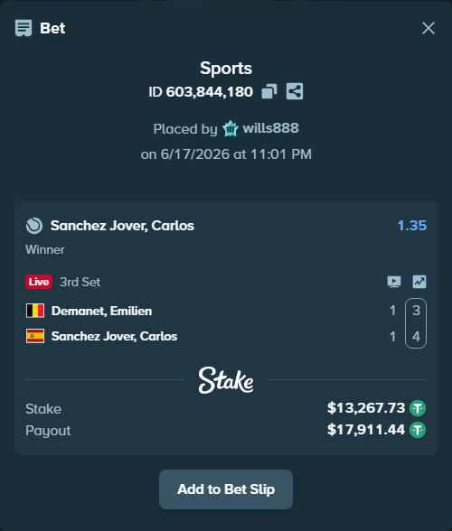 Bet slip: Demanet, Emilien - Sanchez Jover, Carlos, $13,281.00 stake at 1.35 odds, placed by wills888