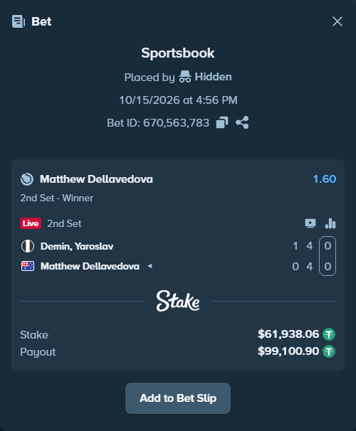 Bet slip: Demin, Yaroslav - Matthew Dellavedova, $62,000.00 stake at 1.60 odds, placed by Hidden