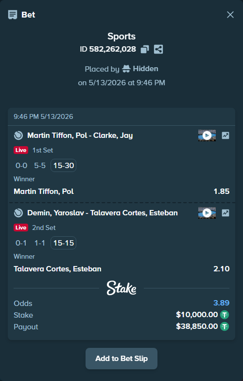 Bet slip: Demin, Yaroslav - Talavera Cortes, Esteban, $10,000.00 stake at 2.10 odds, placed by Hidden