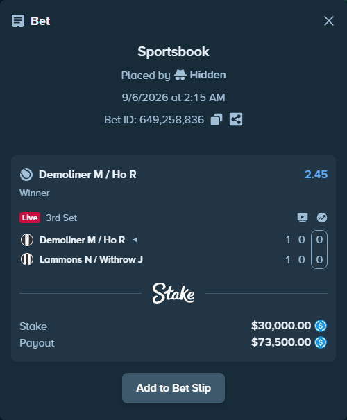 Bet slip: Demoliner M / Ho R - Lammons N / Withrow J, $30,000.00 stake at 2.45 odds, placed by Hidden