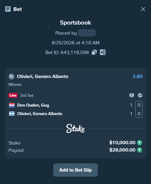 Bet slip: Den Ouden, Guy - Olivieri, Genaro Alberto, $10,000.00 stake at 2.80 odds, placed by Mishobg86