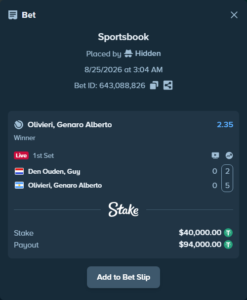 Bet slip: Den Ouden, Guy - Olivieri, Genaro Alberto, $40,000.00 stake at 2.35 odds, placed by Hidden