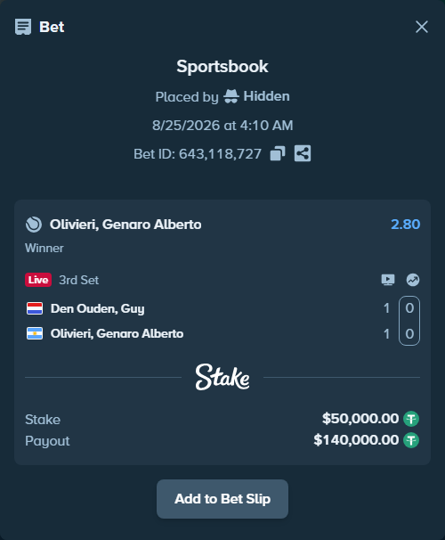 Bet slip: Den Ouden, Guy - Olivieri, Genaro Alberto, $50,000.00 stake at 2.80 odds, placed by Hidden